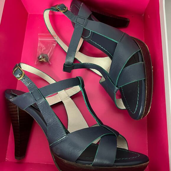 Boden Navy Blue Leather Strappy Open Toe Heels Women’s Size 38 Summer Sandal - Picture 8 of 13